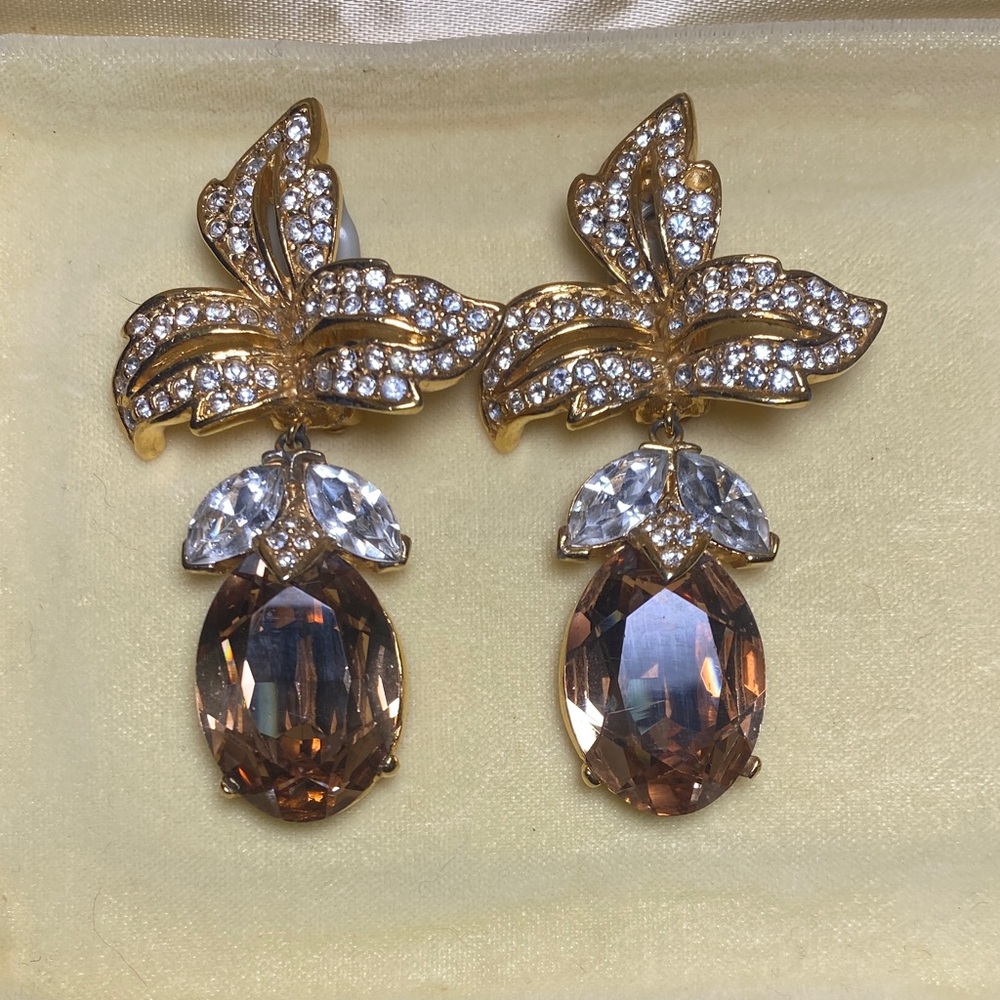 Ciner Drop Earrings Gold and Brown Crystal Leaf Gemstones